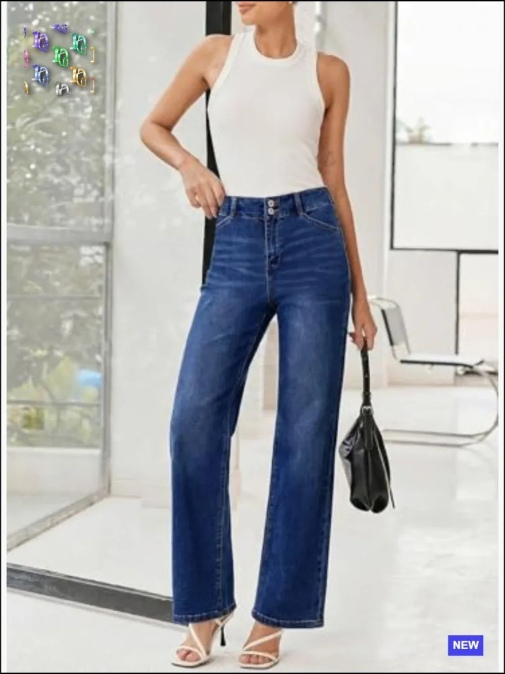 High Waisted Wide Leg Jeans Stretchy Tummy Control Straight Denim Pants - Picture 6 of 7